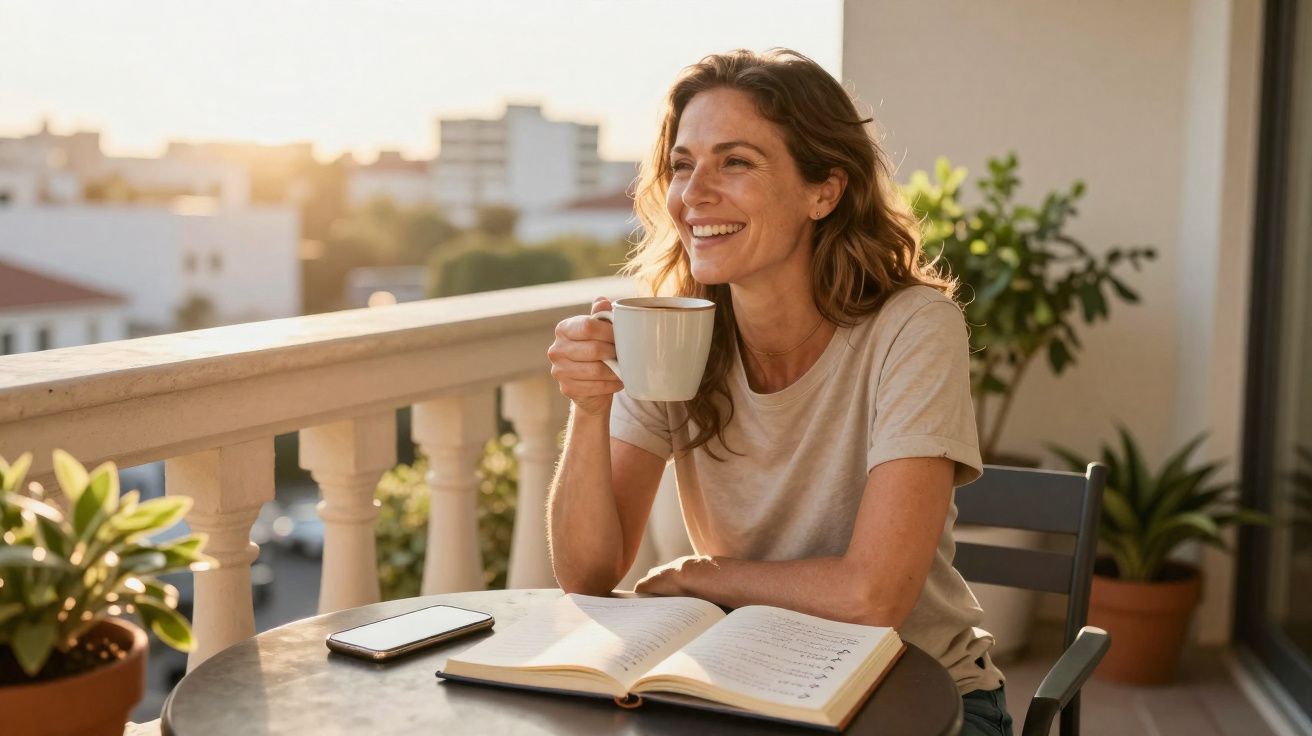 Mulher sorridente tomando café e lendo livro sentada em varanda com plantas ao fundo.