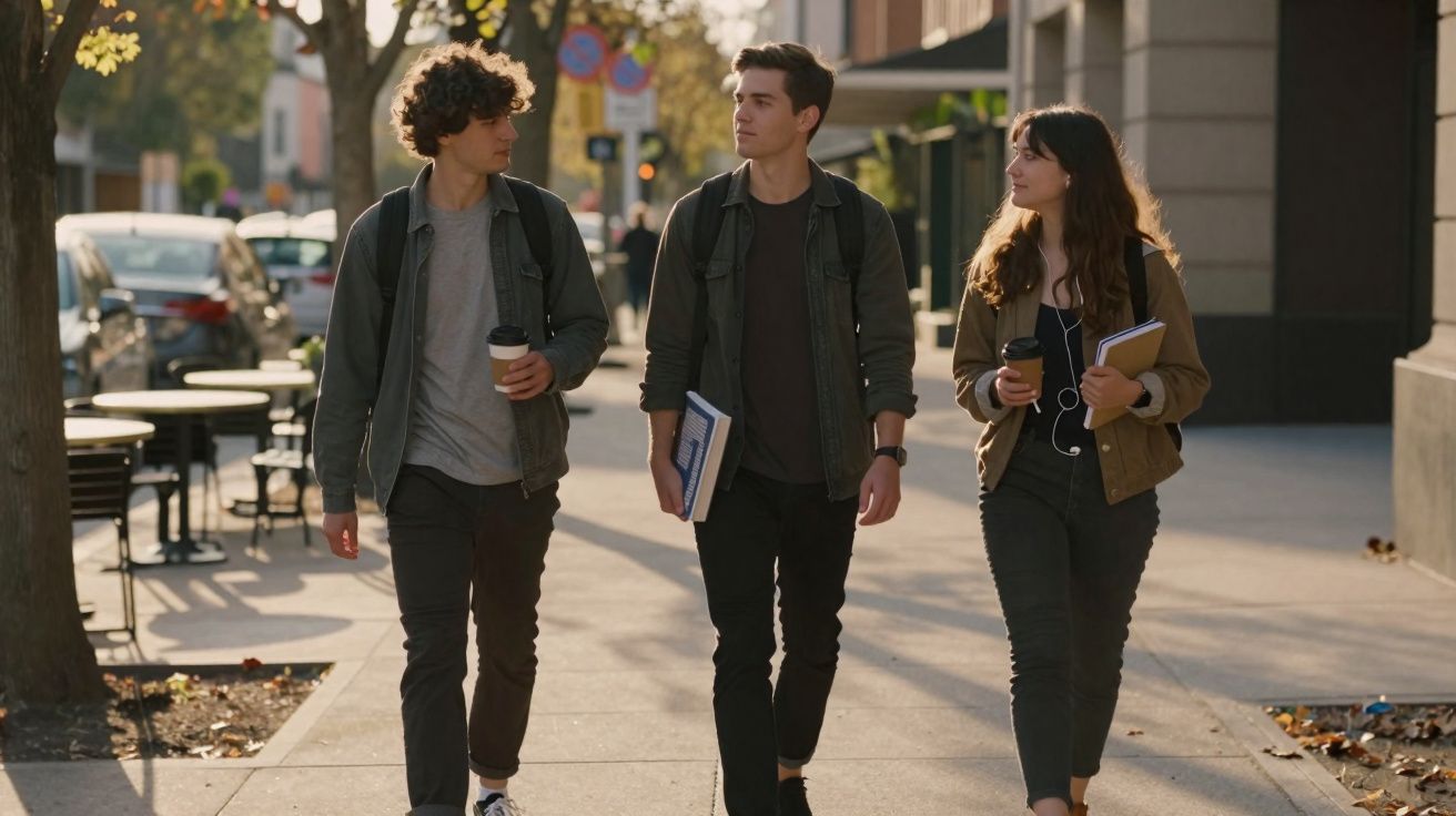 Três jovens caminhando pela calçada urbana com mochilas, livros e café para viagem nas mãos.