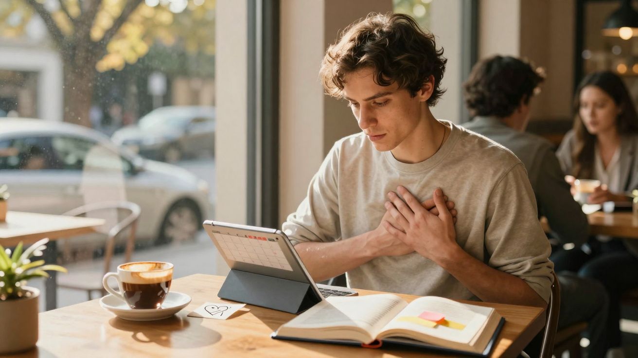 Jovem sentado em café, com as mãos no peito, olhando para tablet, ao lado de livro aberto e xícara de café.