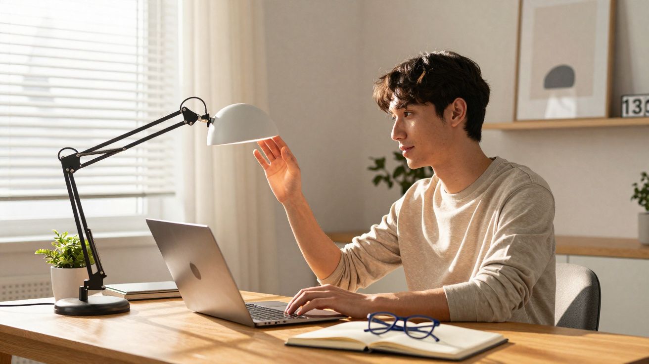 Jovem ajustando luminária enquanto trabalha em laptop em ambiente iluminado e organizado.