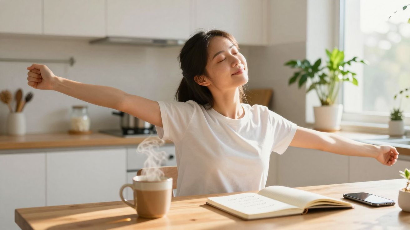Mulher despertando e espreguiçando-se à mesa da cozinha com xícara de café e livro aberto.
