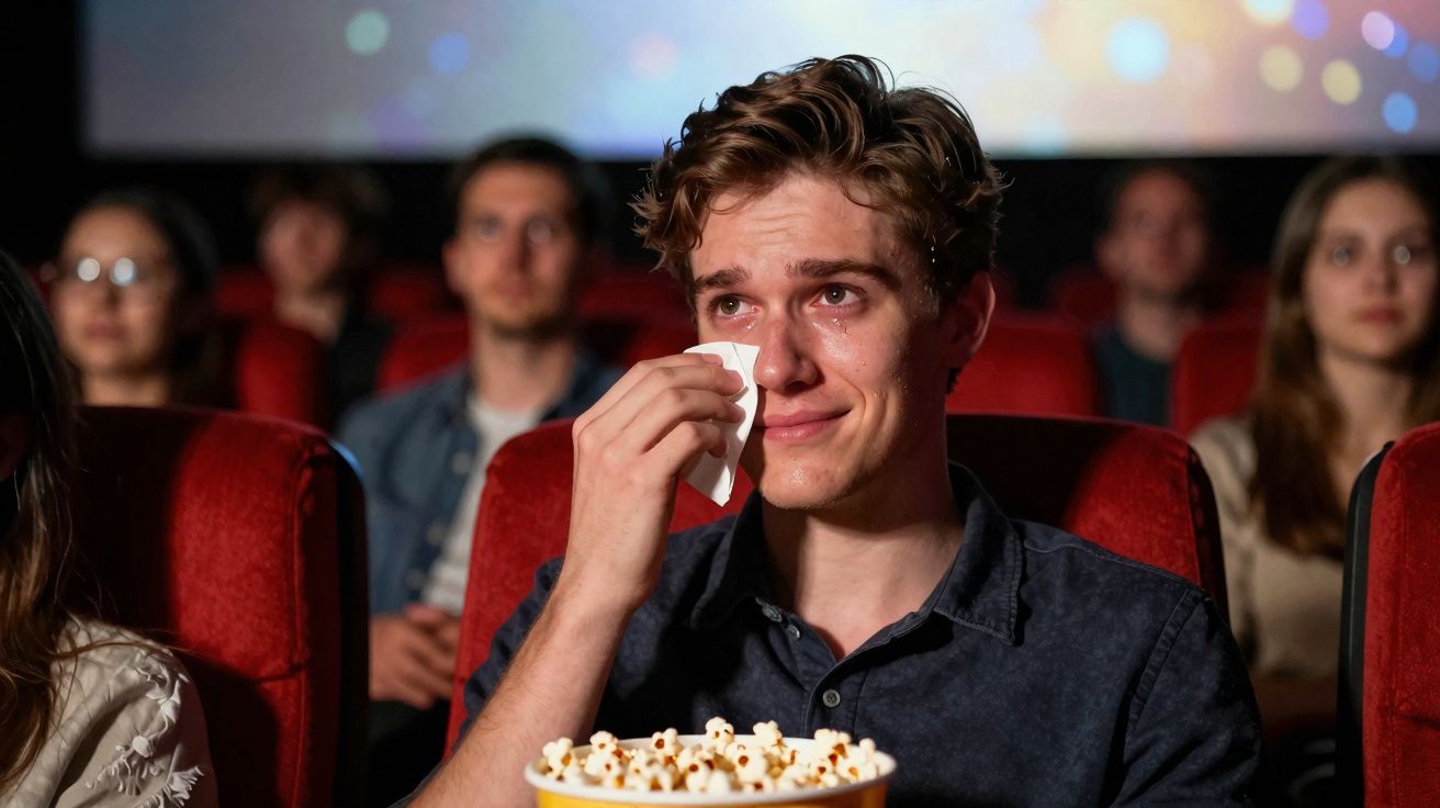 Jovem emocionado chorando e enxugando lágrimas enquanto assiste filme no cinema, com balde de pipoca.