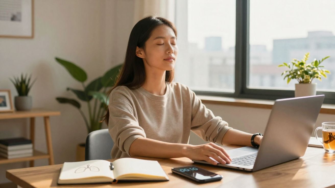 Mulher meditando de olhos fechados em escritório com notebook, caderno, celular e xícara de chá na mesa.