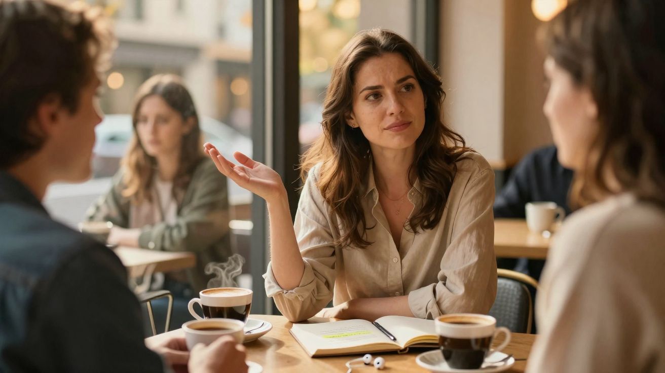Mulher conversa com duas pessoas em café, com xícaras de café e caderno aberto na mesa.
