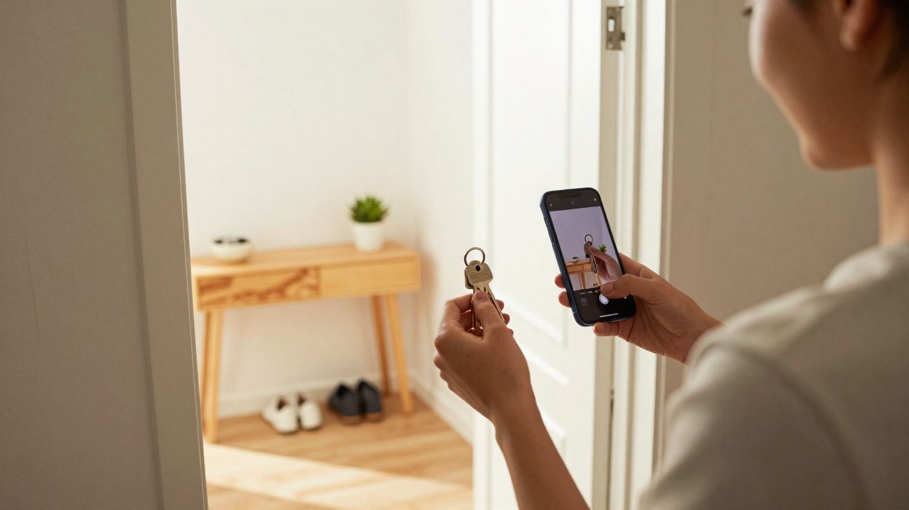 Pessoa fotografando chave com celular em corredor de casa com sapatos e mesa ao fundo.