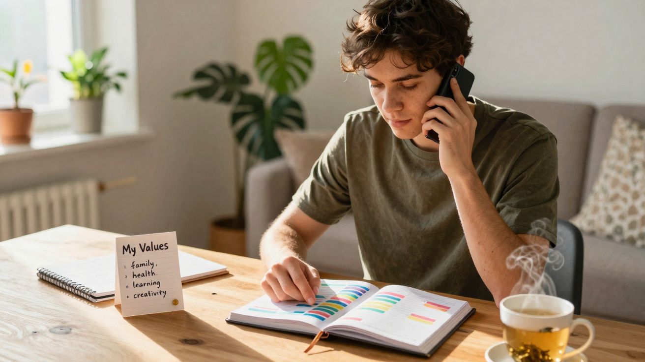 Jovem conversando ao telefone enquanto consulta um planner, com xícara de chá e recado "My Values" na mesa.