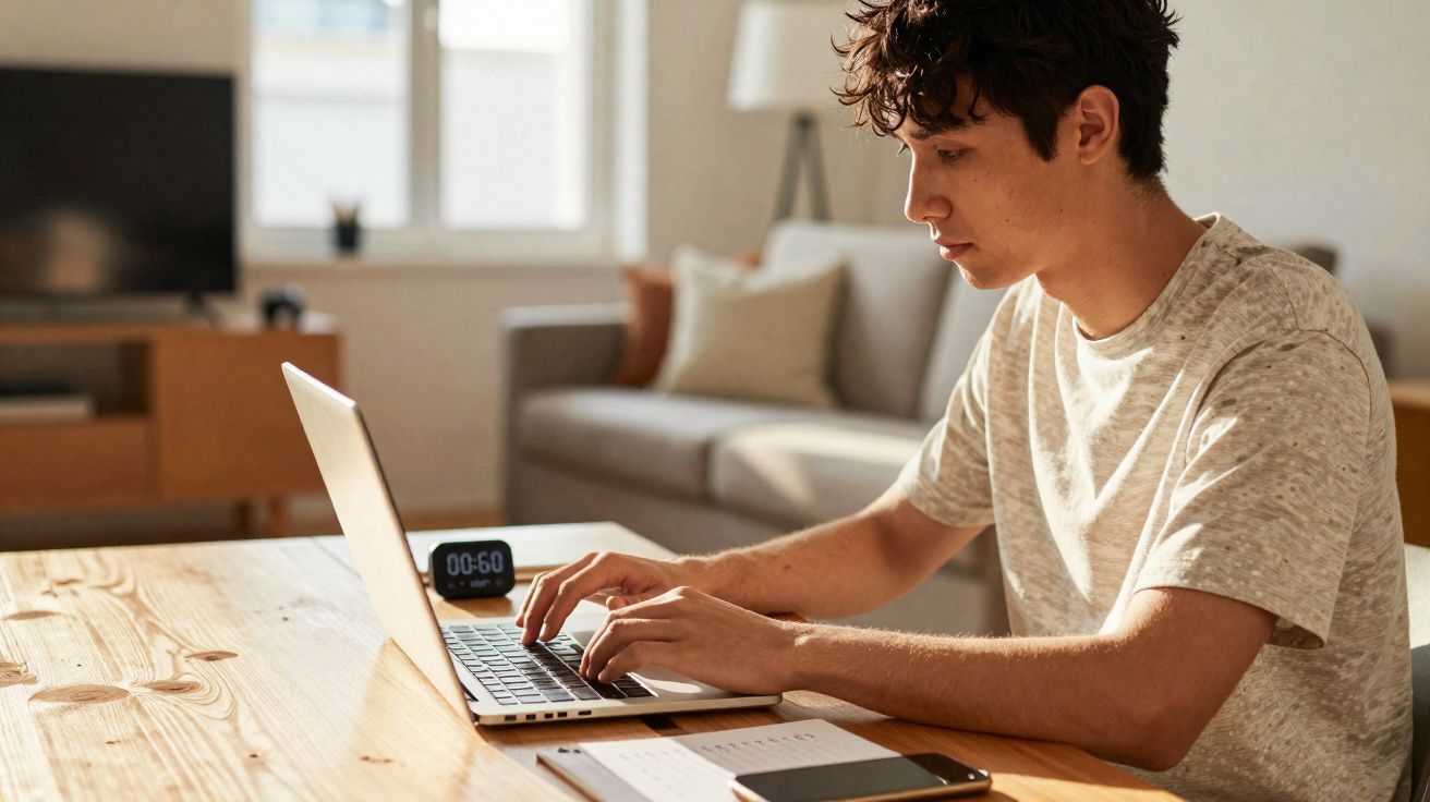 Jovem sentado em mesa de madeira usando notebook, com smartphone e bloco de anotações ao lado.