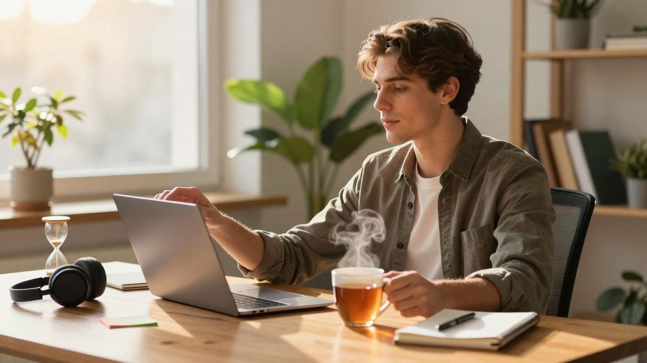 Jovem sentado à mesa com laptop, segurando xícara de chá quente em ambiente iluminado e aconchegante.