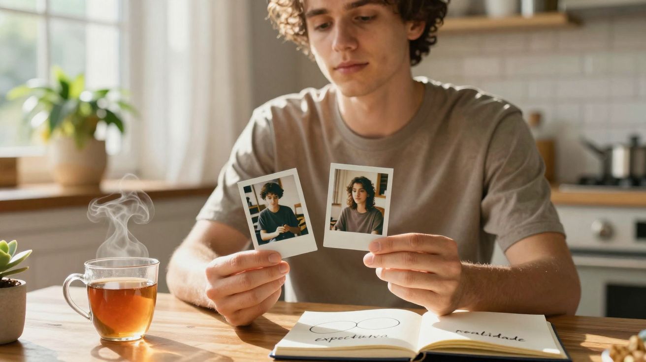Jovem sentado à mesa com chá, segurando duas fotos e livro aberto com as palavras "expectativa" e "realidade".