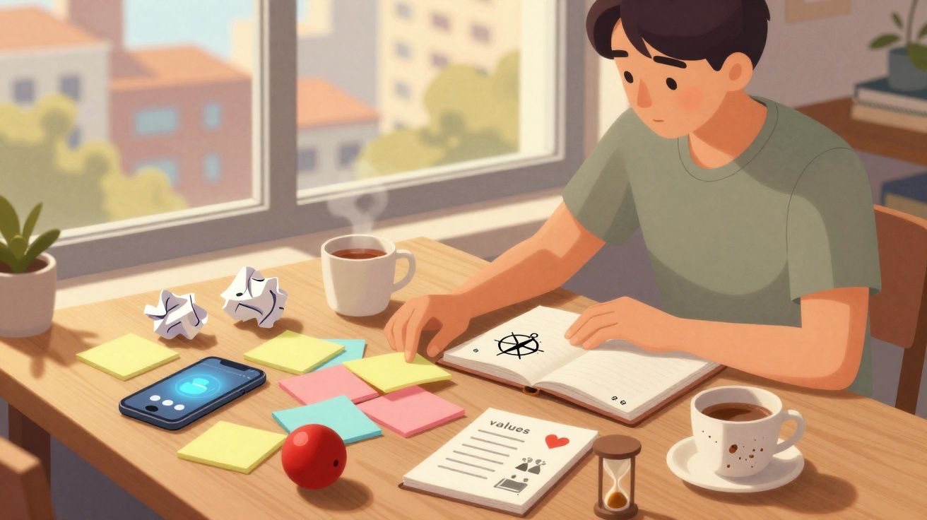 Pessoa escrevendo em caderno com notas adesivas, celular, xícaras de café e ampulheta em mesa perto da janela.