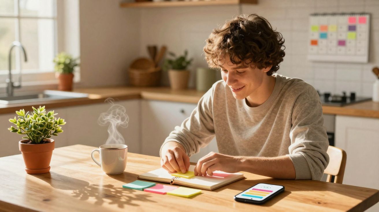 Jovem sorridente organizando anotações em post-its na cozinha, com café e celular na mesa.
