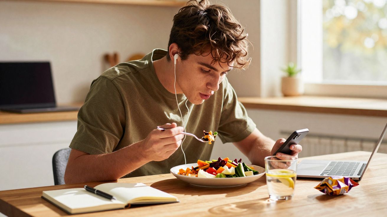 Jovem com fones de ouvido almoçando salada enquanto olha para o celular à mesa com laptop e caderno.