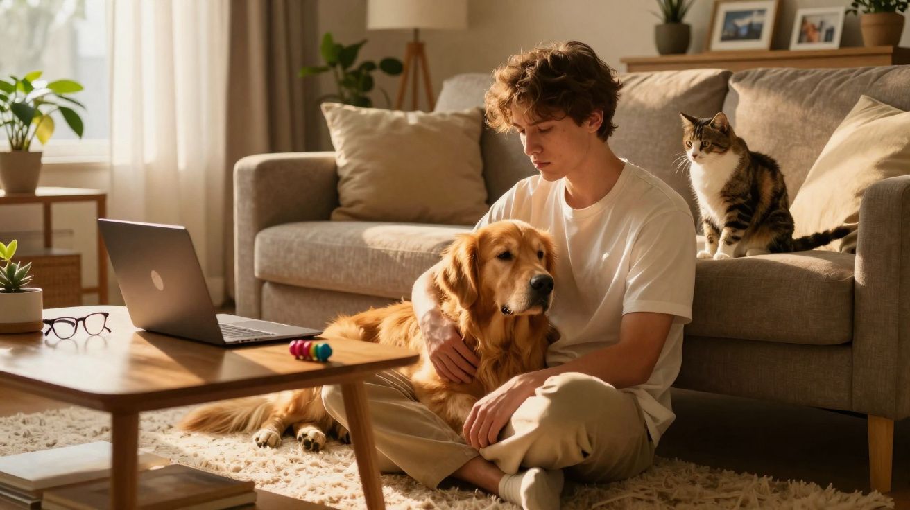 Jovem sentado no chão da sala com cachorro, gato no sofá e notebook na mesa de centro.