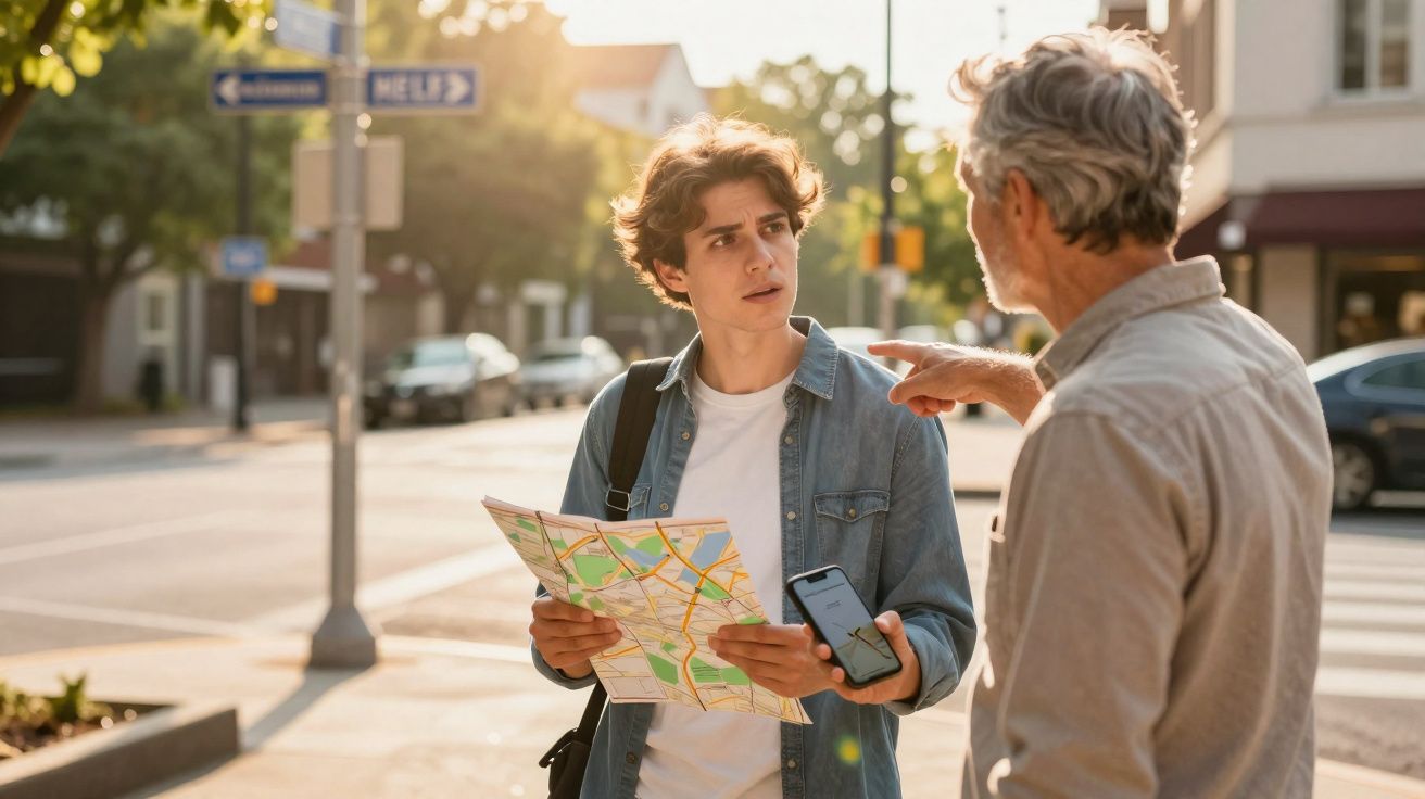 Jovem segurando mapa e celular recebe orientações de homem mais velho em rua ensolarada.