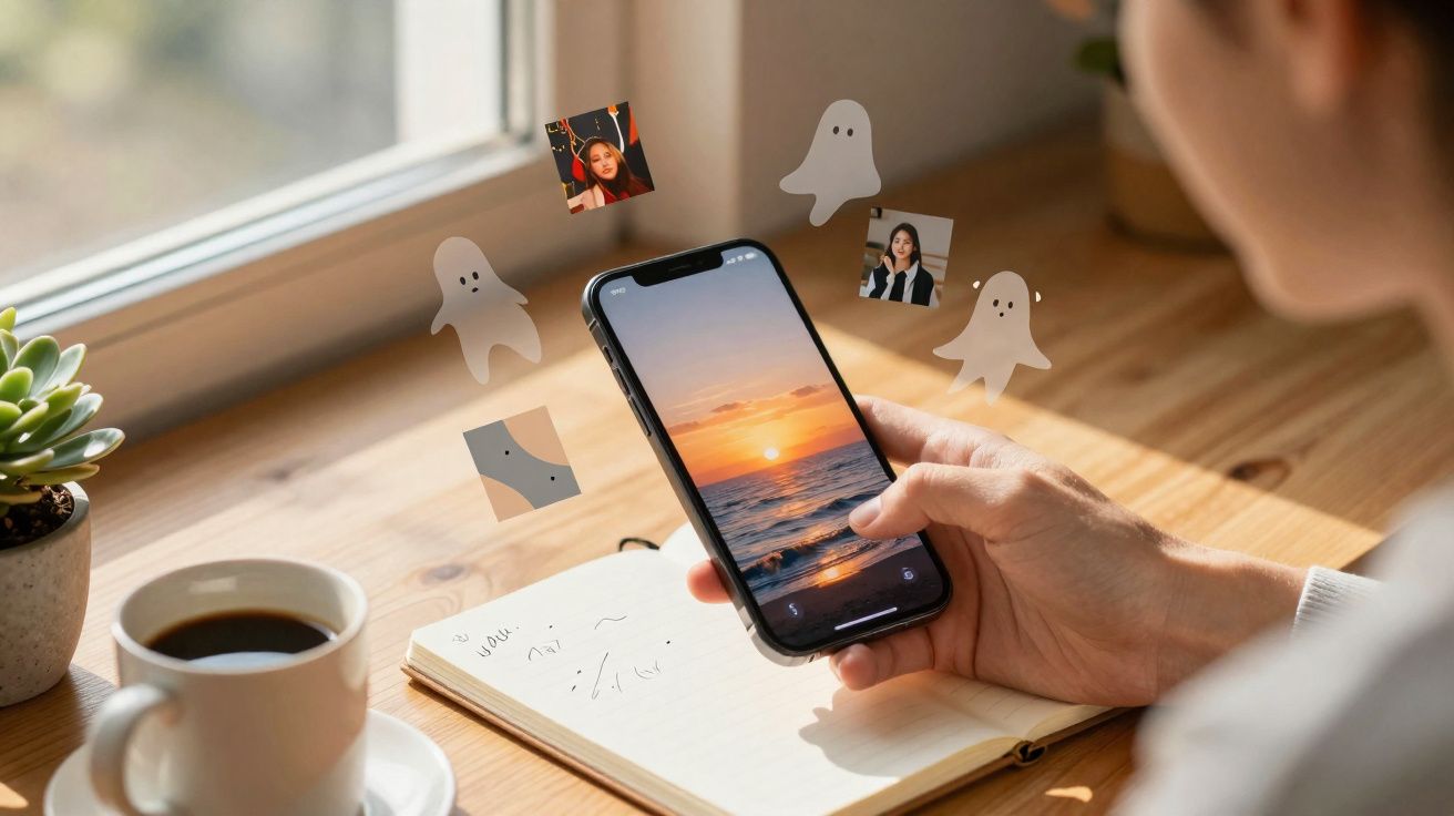Pessoa segurando celular com foto de pôr do sol, mesa com caderno, café e ícones flutuantes de fantasmas e fotos.