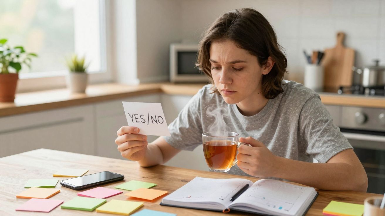 Pessoa pensativa segurando papel com "YES/NO" e xícara de chá em cozinha, com celular e agenda na mesa.