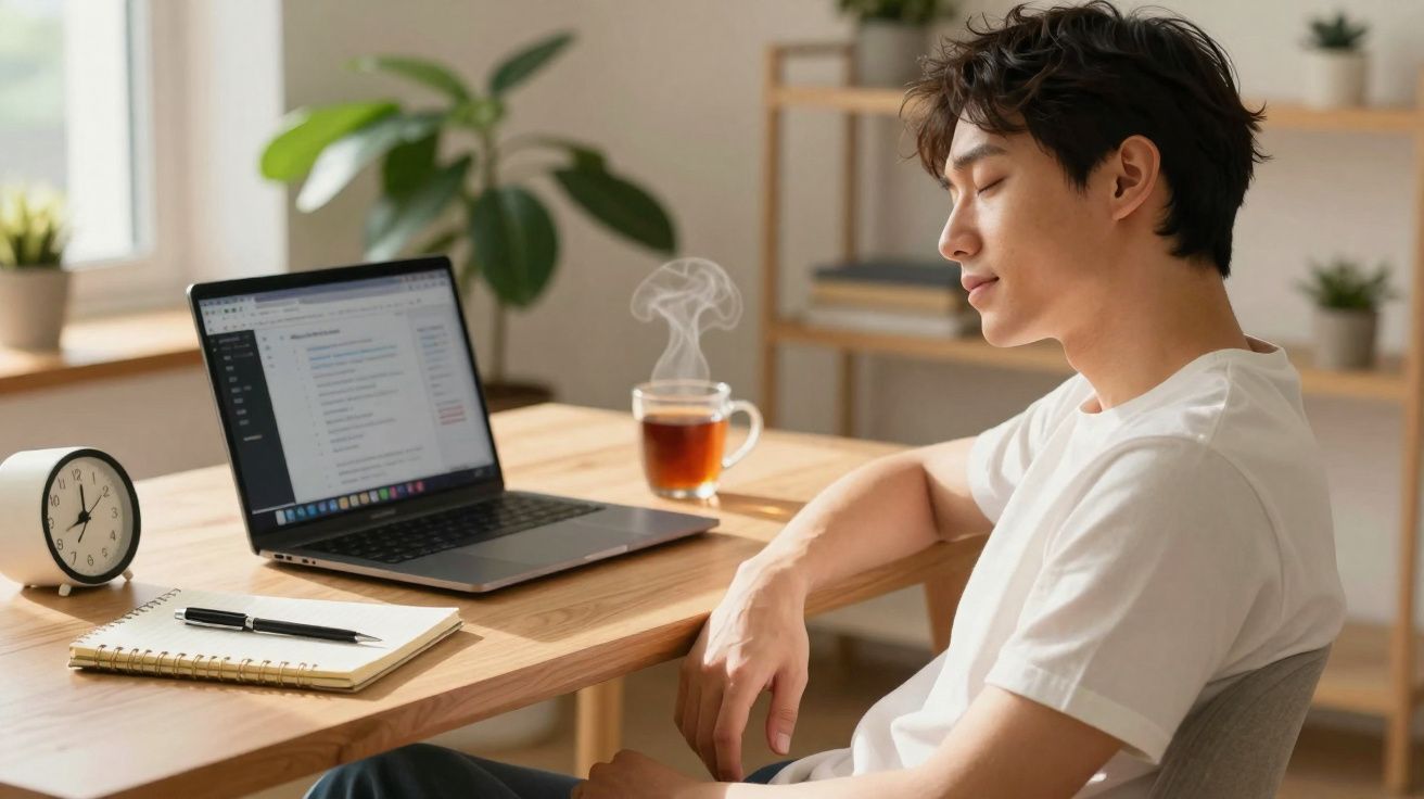 Homem sentado em mesa com laptop, caderno e chá fumegante, relaxando com os olhos fechados.