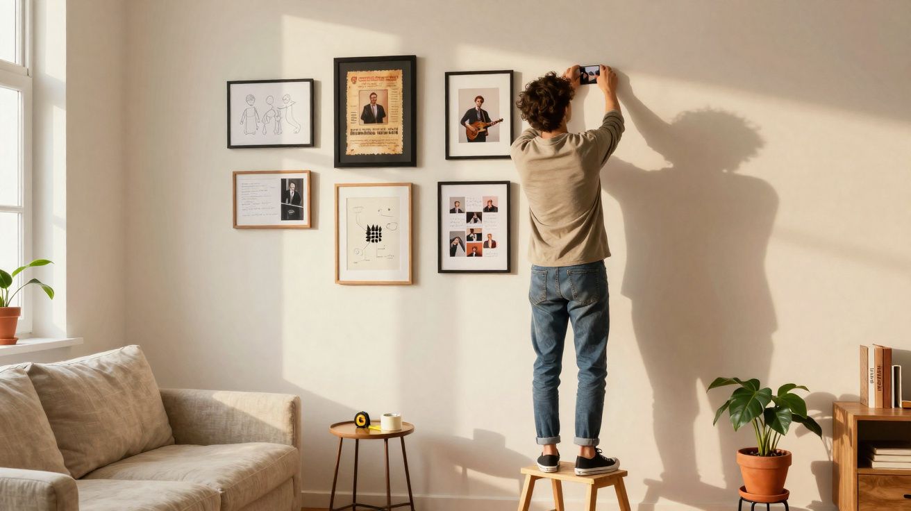Homem pendura foto na parede com quadros em sala iluminada por luz natural