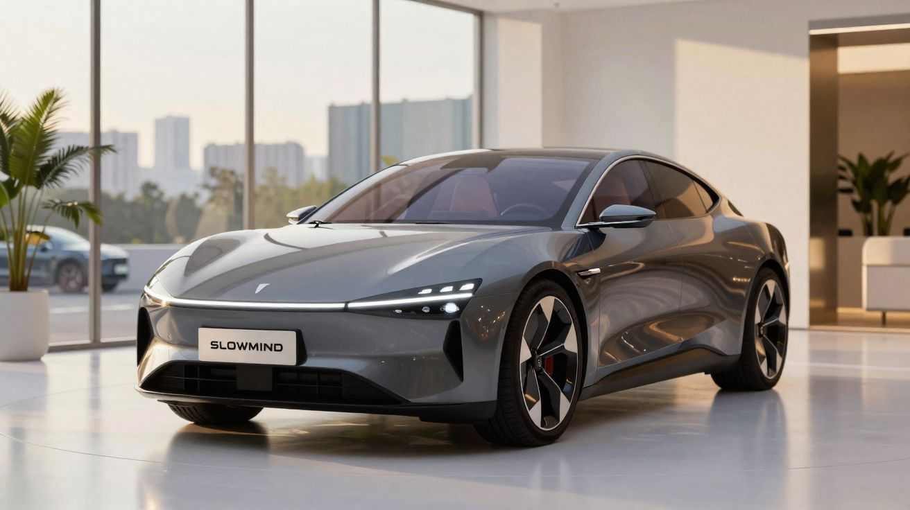 Carro elétrico cinza moderno e esportivo exibido em ambiente interno com grande janela ao fundo.