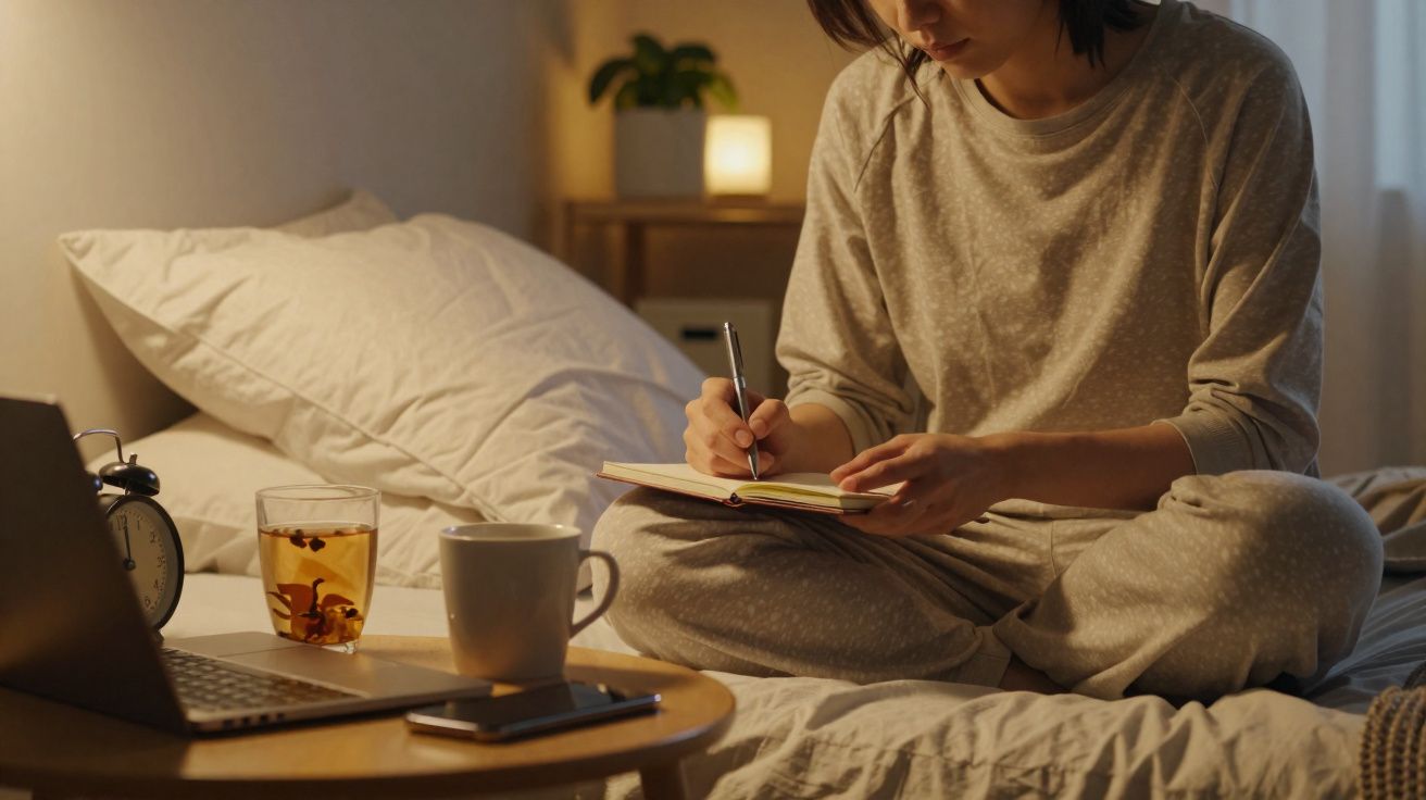 Pessoa sentada na cama, escrevendo em caderno, com laptop, celular, relógio, chá e caneca ao lado.