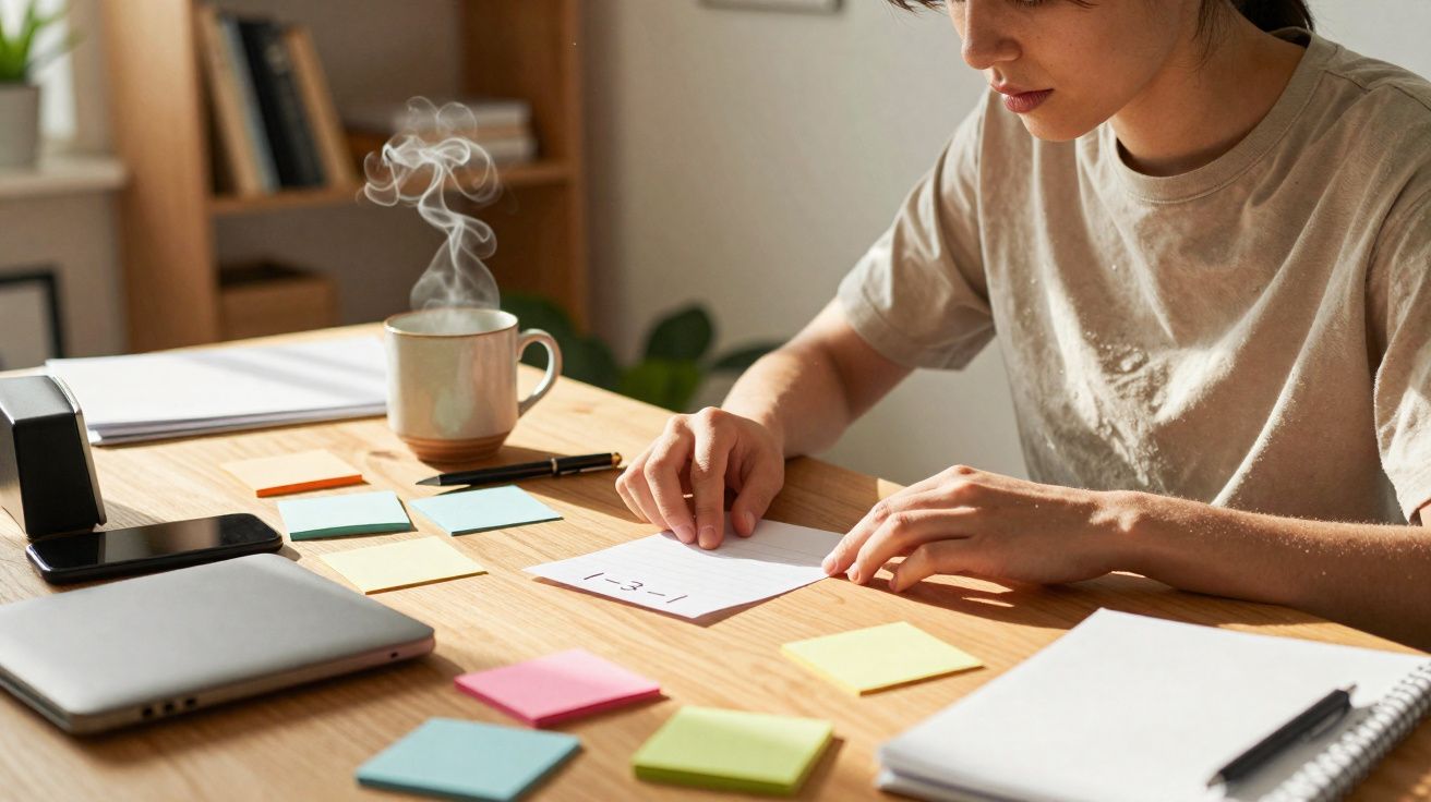 Pessoa organizando notas adesivas coloridas sobre mesa de trabalho com caderno, xícara fumegante e laptop.
