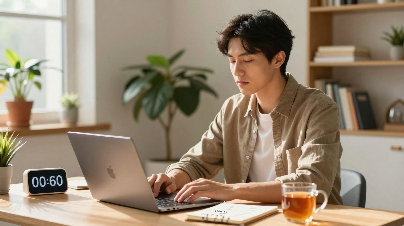 Jovem concentrado trabalhando no laptop em uma mesa com relógio digital, caderno e xícara de chá.