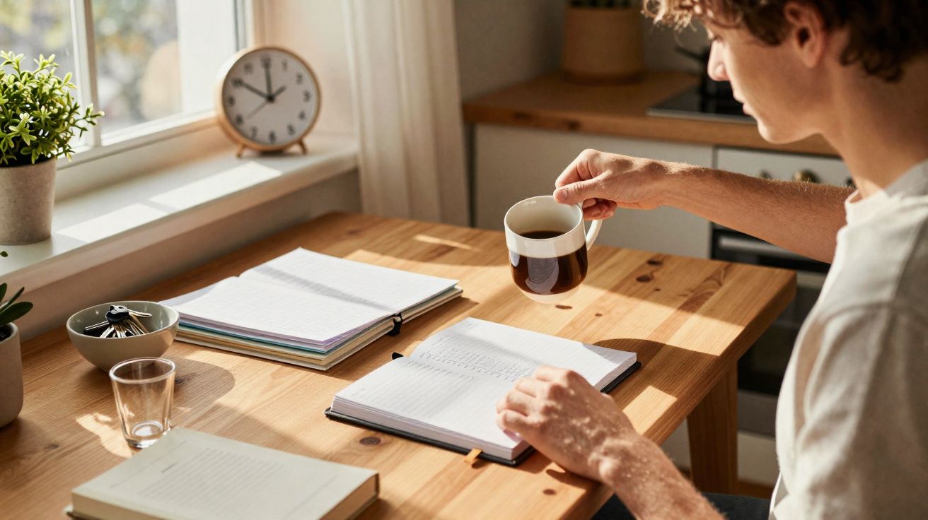 Pessoa segurando xícara de café enquanto lê caderno em mesa de madeira perto de janela com relógio e plantas.