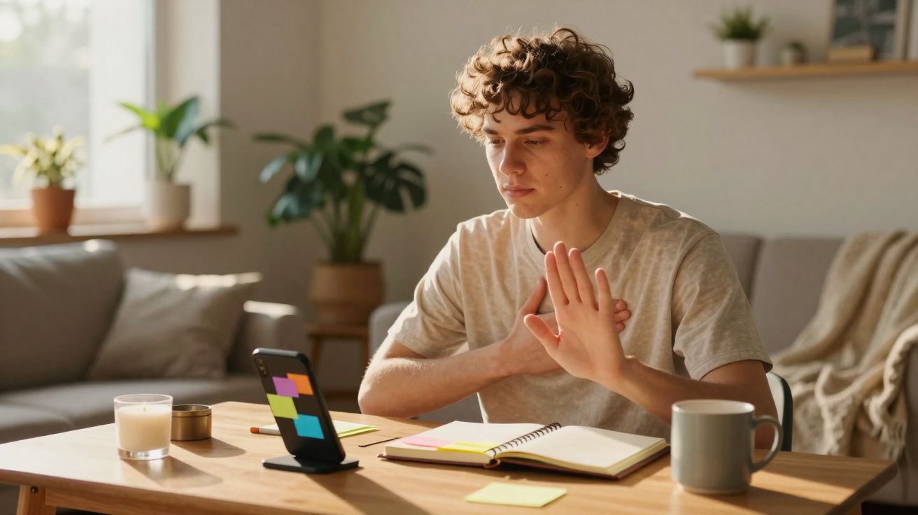Jovem sentado à mesa faz gesto de rejeição durante vídeo chamada, com caderno, vela e caneca à sua frente.