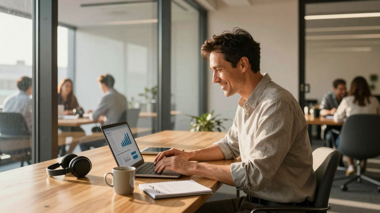 Homem sorridente trabalhando em laptop com gráficos, fones e café em mesa de escritório moderno.