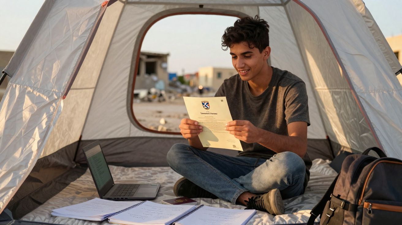 Jovem sentado em barraca, lendo carta com expressão feliz, ao lado de laptop, cadernos e mochila.