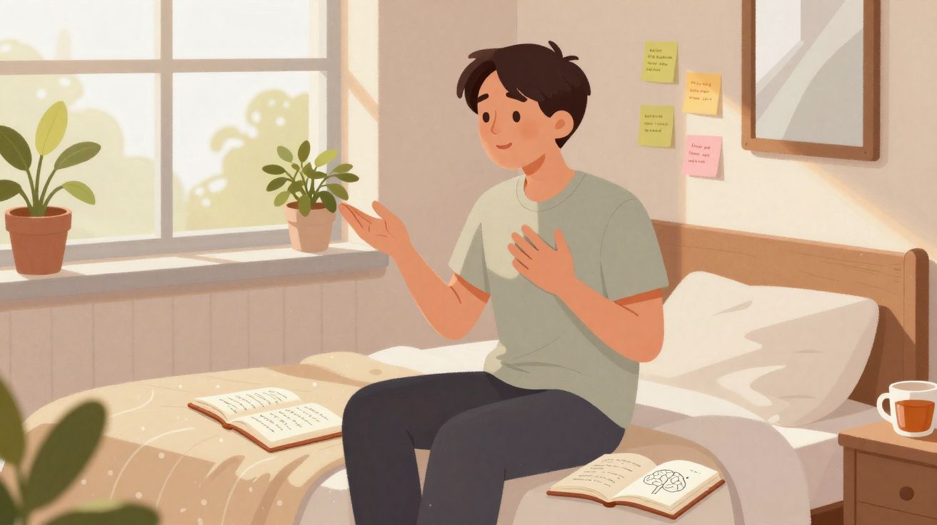 Pessoa sentada na cama em quarto iluminado, com livros abertos, plantas na janela e notas na parede.