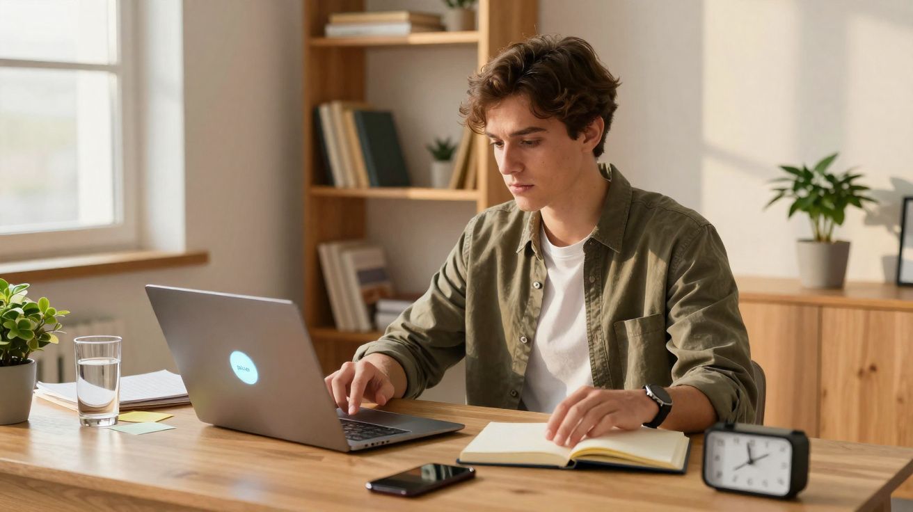 Jovem concentrado trabalhando com laptop e anotando em caderno em escritório com decoração moderna.