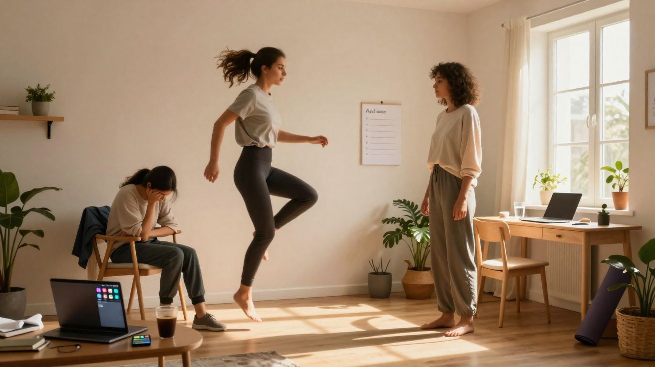 Três mulheres em uma sala clara; uma sentada triste, outra pulando e a terceira observando.