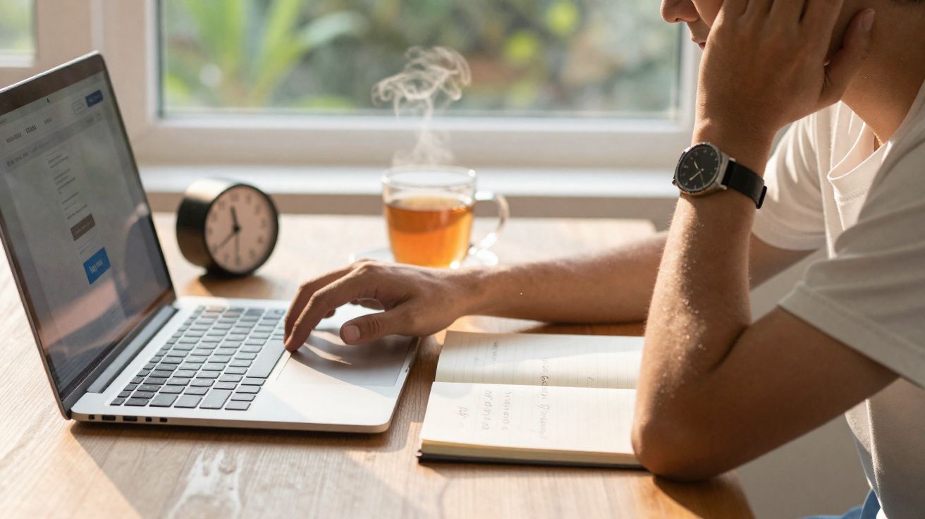Pessoa trabalhando no laptop com chá quente, relógio e caderno sobre a mesa próxima a uma janela.
