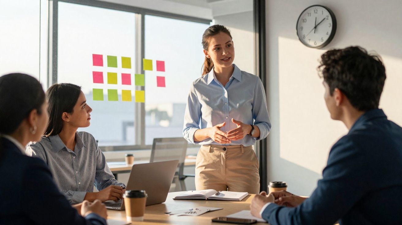 Mulher liderando reunião de trabalho com colegas, post-its coloridos no vidro e relógio na parede.