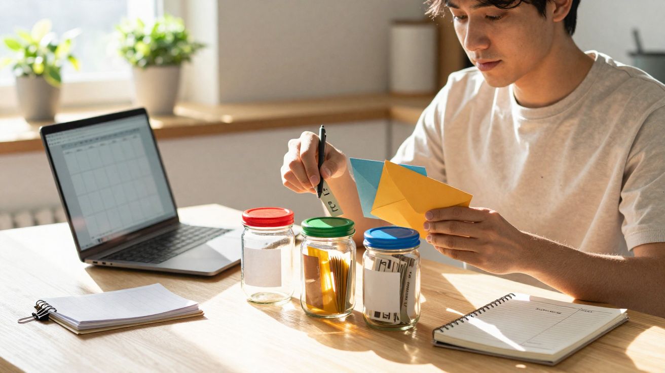 Jovem organizando papéis em potes para planejamento financeiro ao lado de notebook e caderno em mesa iluminada.