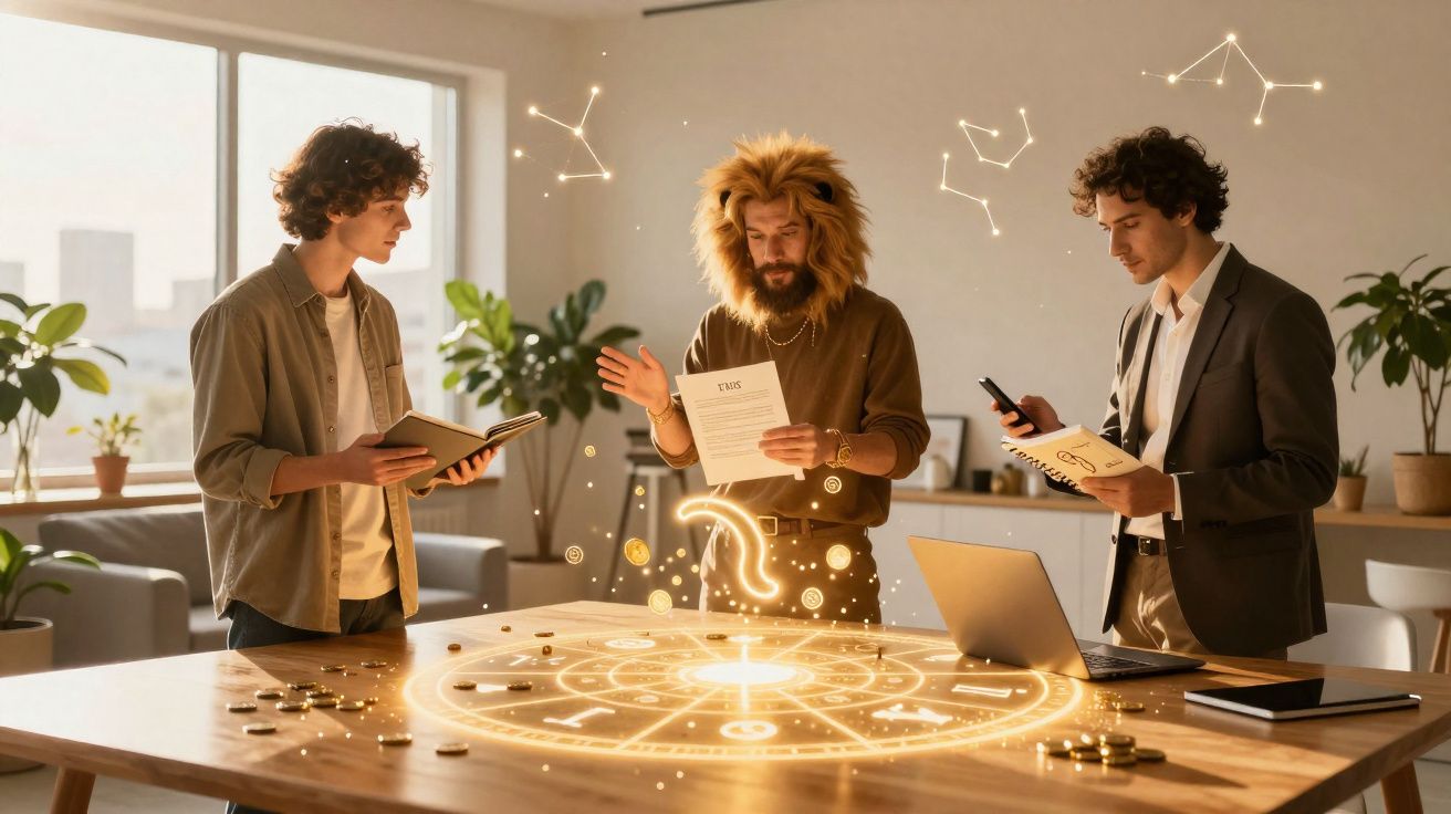 Três homens em escritório moderno analisando um mapa astral digital projetado sobre uma mesa.