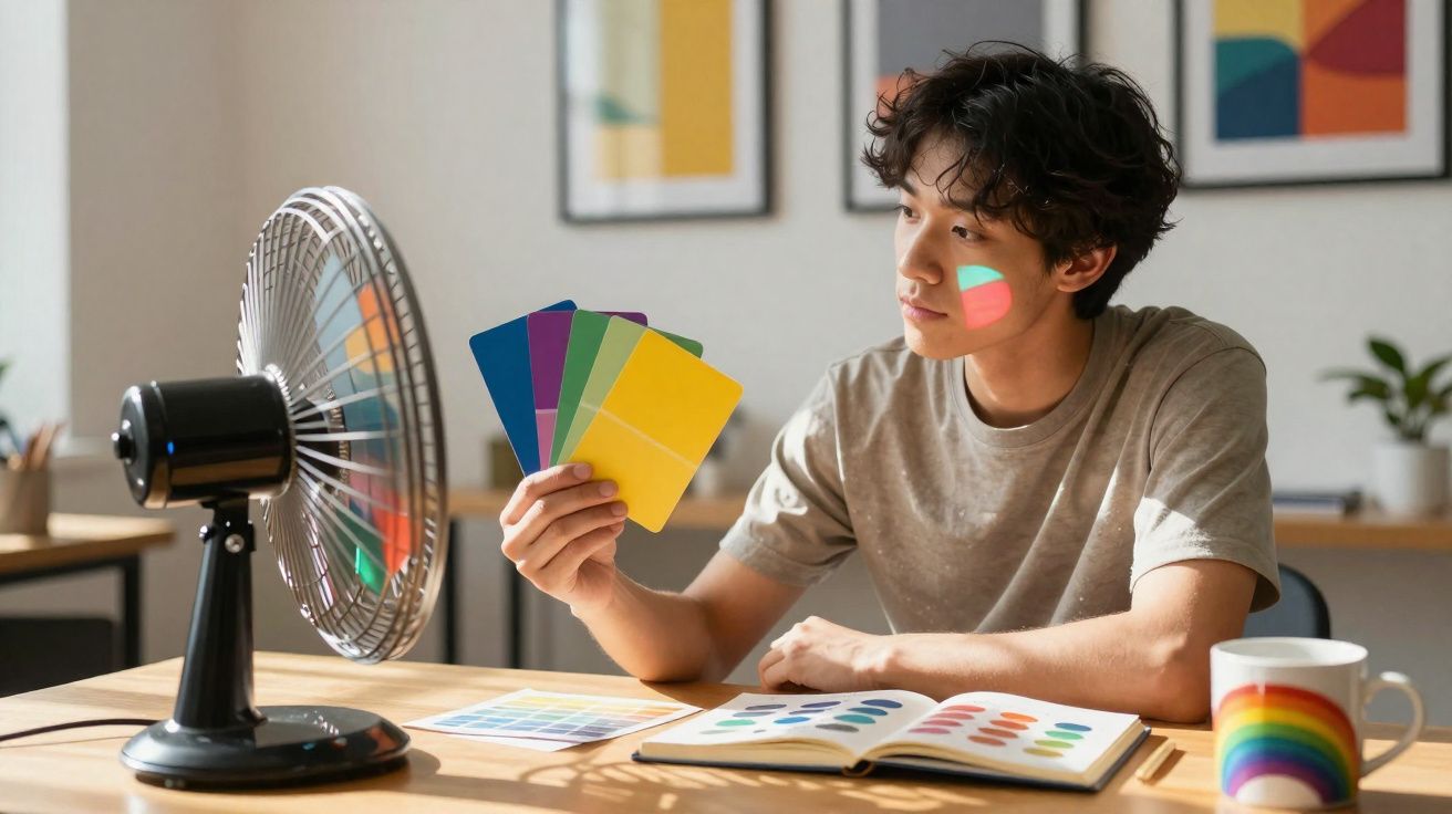Jovem com pinturas coloridas no rosto segurando amostras de cor em frente a um ventilador em mesa.