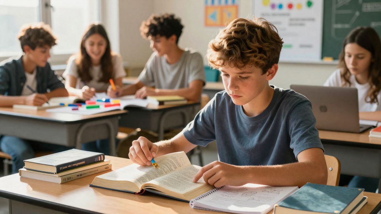 Aluno concentrado lendo livro em sala de aula com outros estudantes estudando ao fundo.