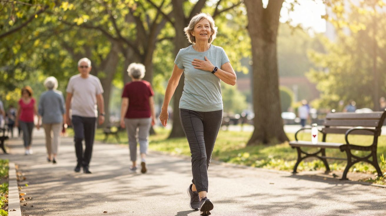 Mulher sorridente caminhando em parque ensolarado, com árvores e outras pessoas ao fundo.