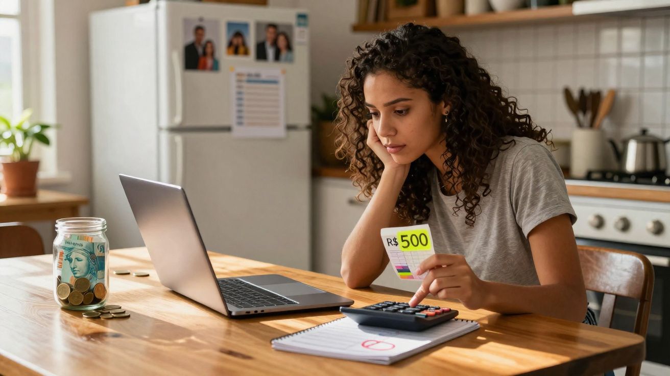 Mulher sentada à mesa, calculando despesas com calculadora e R$ 500 nas mãos, laptop aberto à frente.