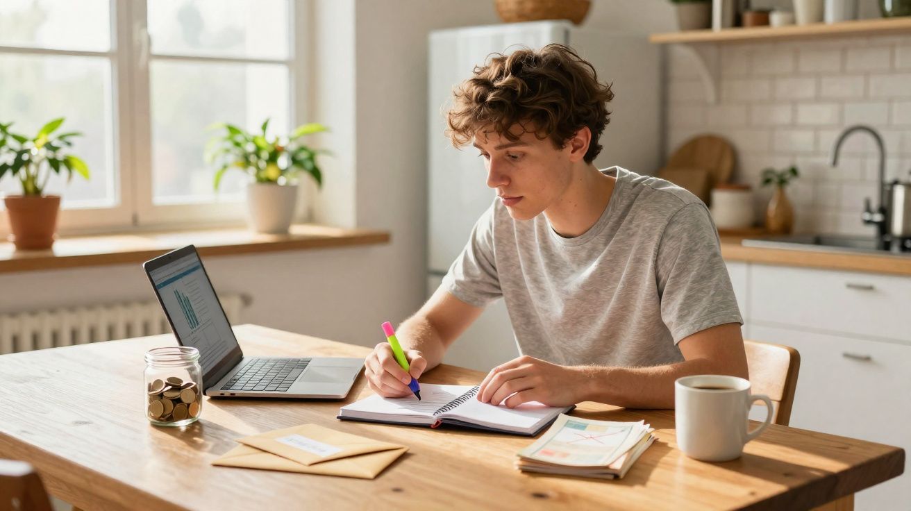 Jovem sentado à mesa na cozinha, escrevendo em caderno com marcador, laptop aberto e jarra com moedas.