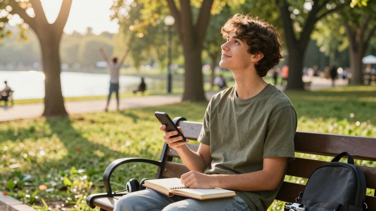 Jovem sentado em banco de parque, segurando celular e olhando para cima, com caderno aberto no colo.