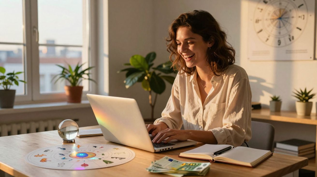 Mulher sorridente usando laptop em mesa com cartas de tarot, caderno e plantas ao fundo.