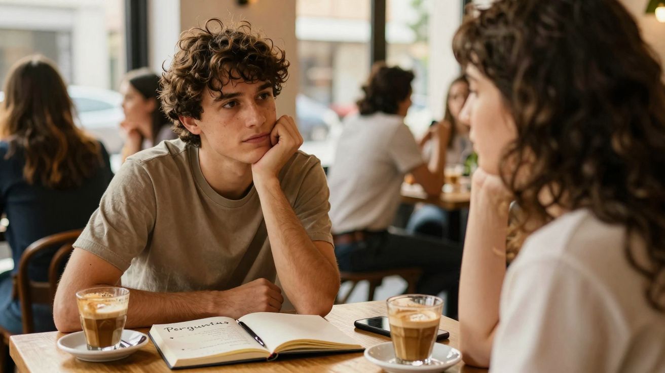 Jovem atento escuta mulher durante conversa em café, com cadernos e cafés sobre a mesa.