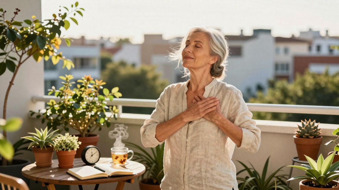 Mulher idosa desfrutando de momento de paz em varanda com plantas ao amanhecer.
