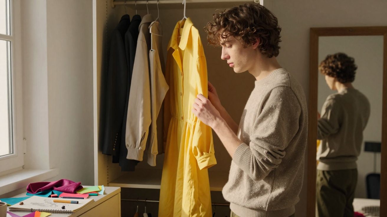 Jovem analisando vestido amarelo pendurado em guarda-roupa próximo à janela iluminada natural.