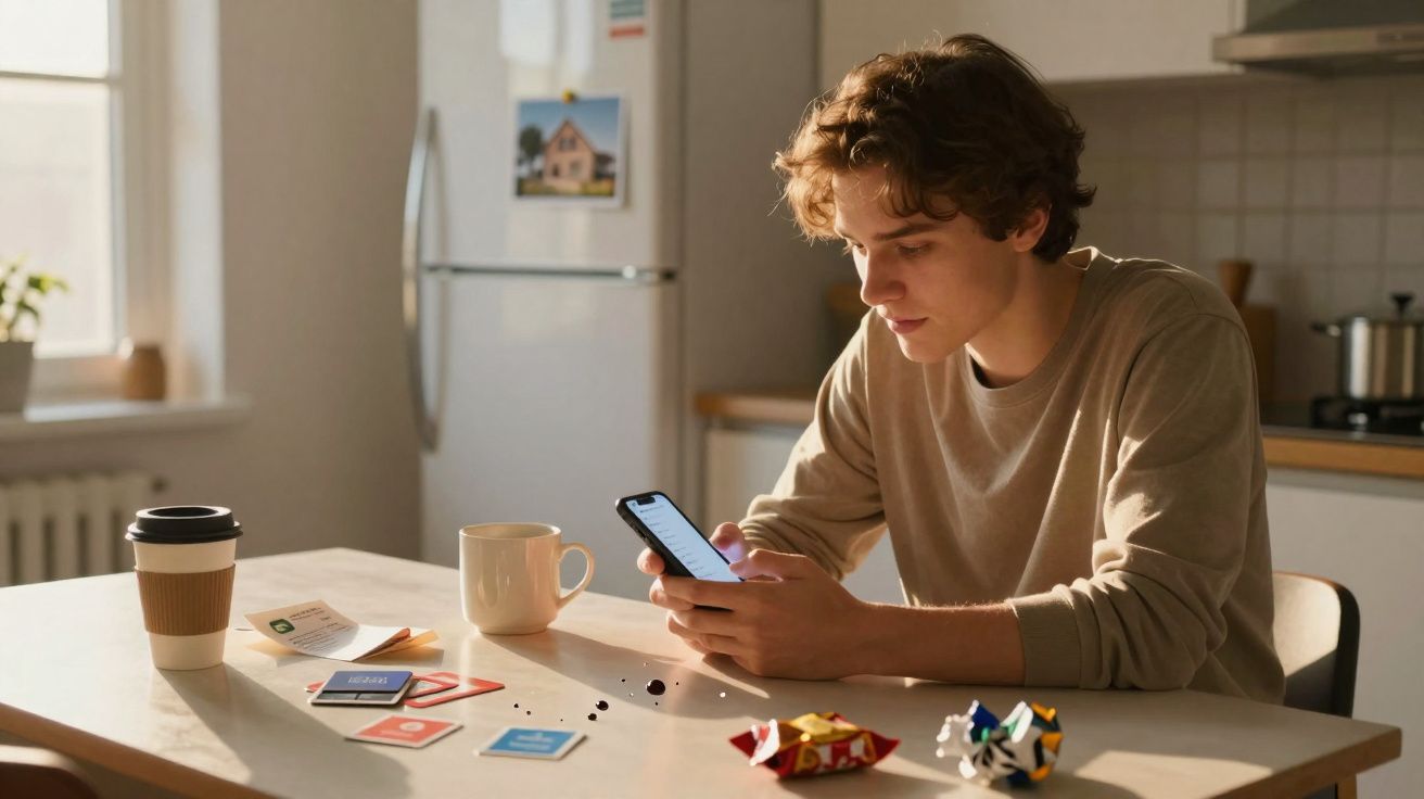 Jovem sentado à mesa na cozinha, olhando para o celular com café e embalagens na frente.
