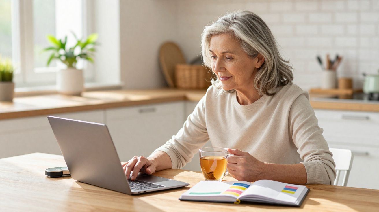 Mulher madura sentada à mesa em cozinha iluminada, mexendo no laptop e segurando xícara de chá.