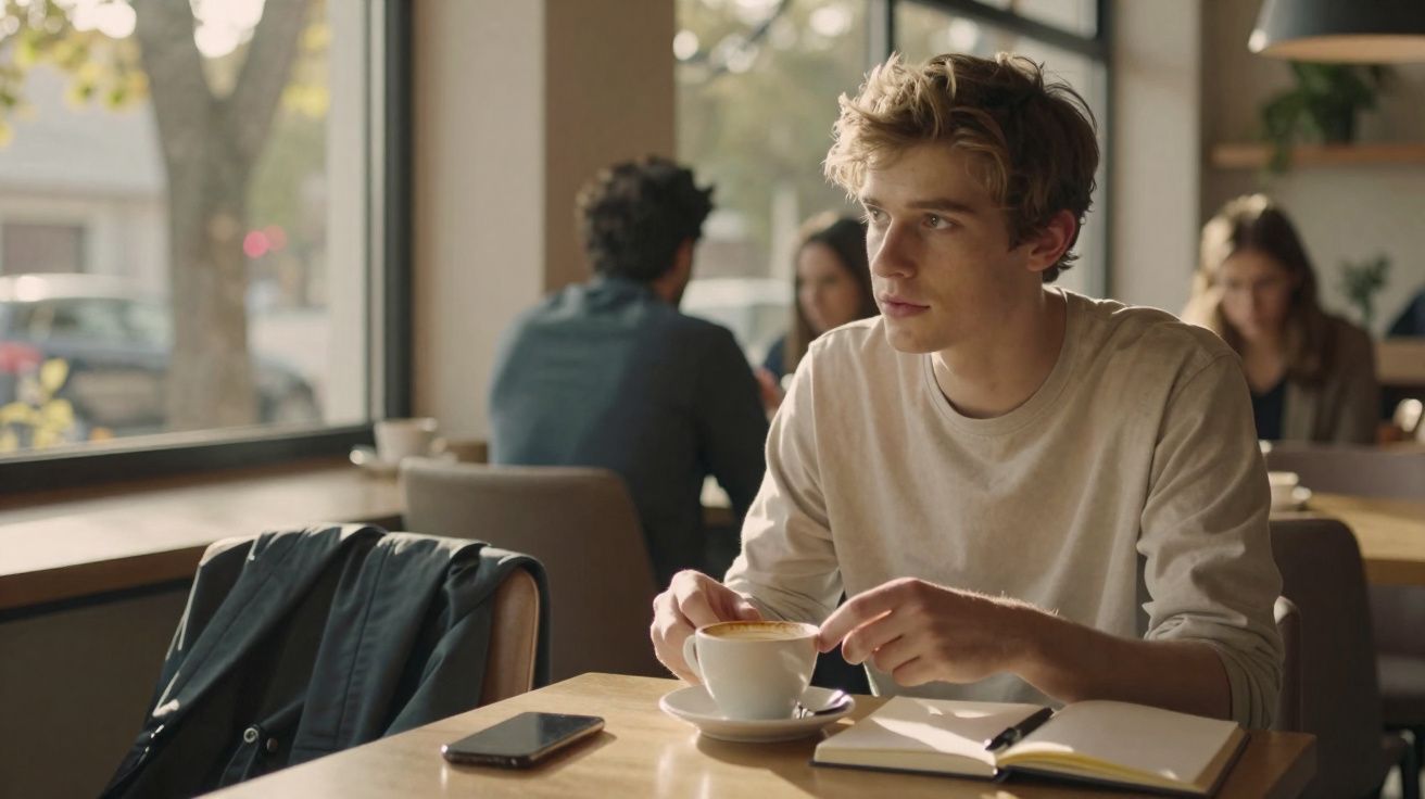 Jovem segurando xícara de café sentado à mesa de cafeteria com caderno e celular à sua frente.